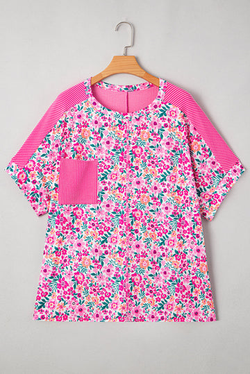 Pink Plus Size Floral Print Ribbed Patchwork Loose Top BB Fashion Outlet