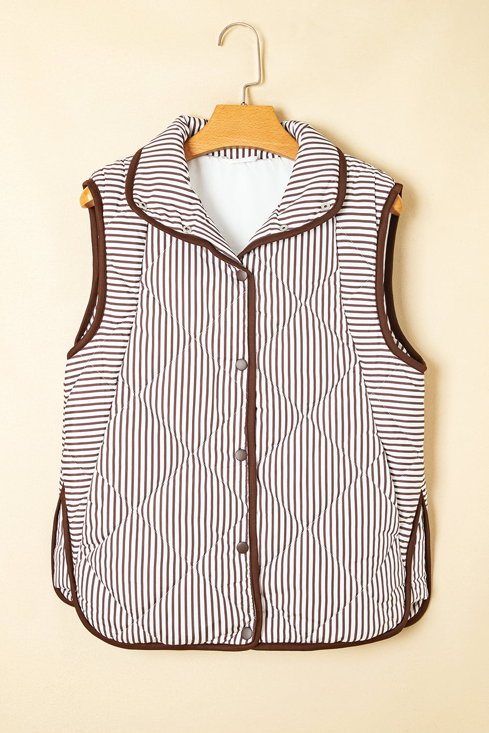 Brown Stripe Contrast Trim Snap Button Collared Gilet eAura