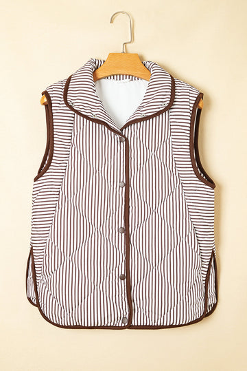 Brown Stripe Contrast Trim Snap Button Collared Vest - eAura