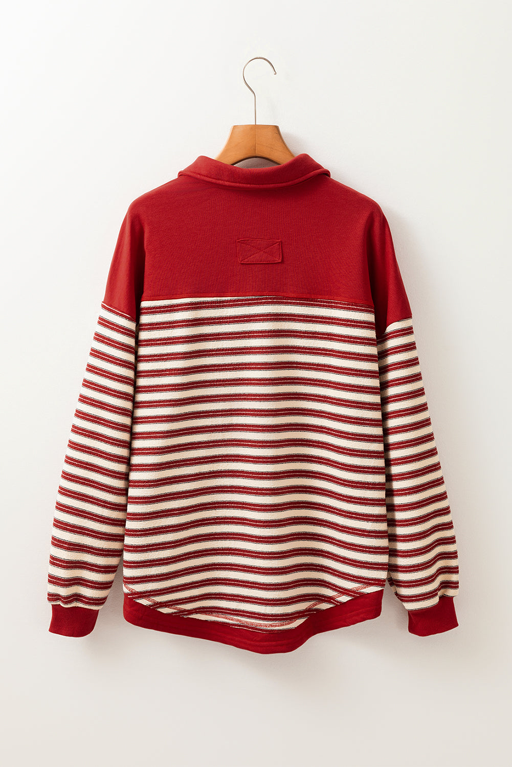 Red Stripe Buttoned V Neck Collared Drop Shoulder Top Beagle Boutique Fashion Outlet