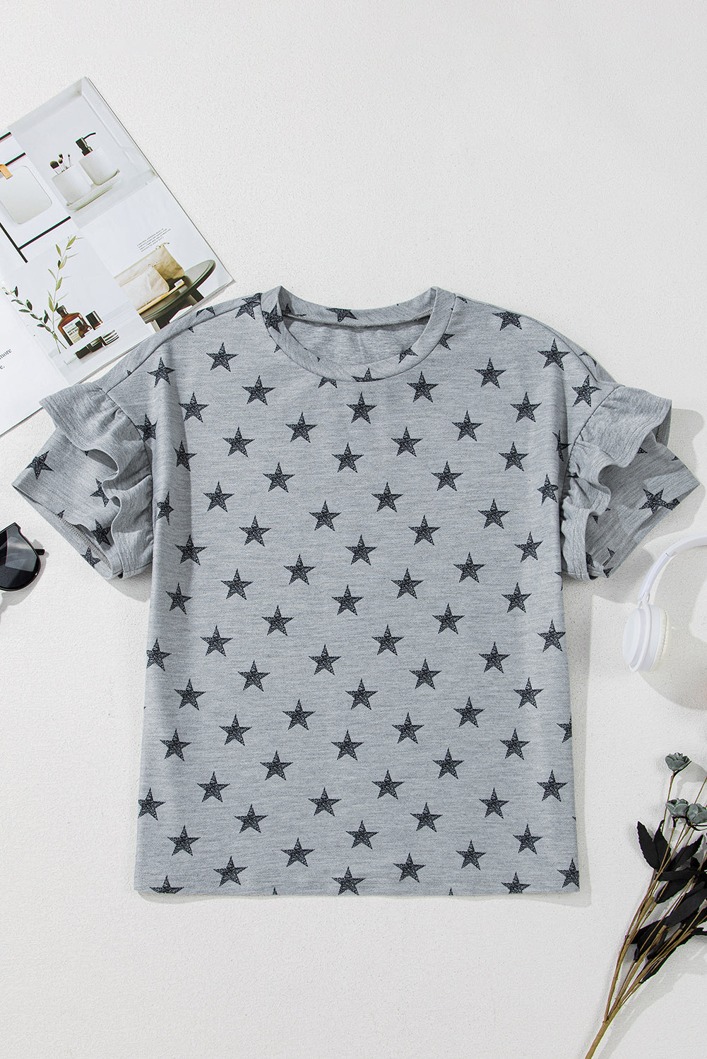 Grey Star Print Ruffled Sleeve T Shirt eAura
