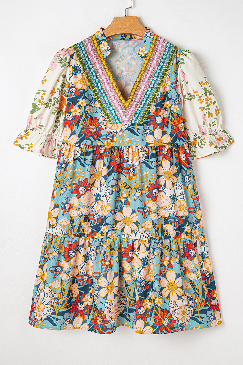 Multicolour Boho Floral Print Crochet Patchwork V Neck Loose Mini Dress eAura