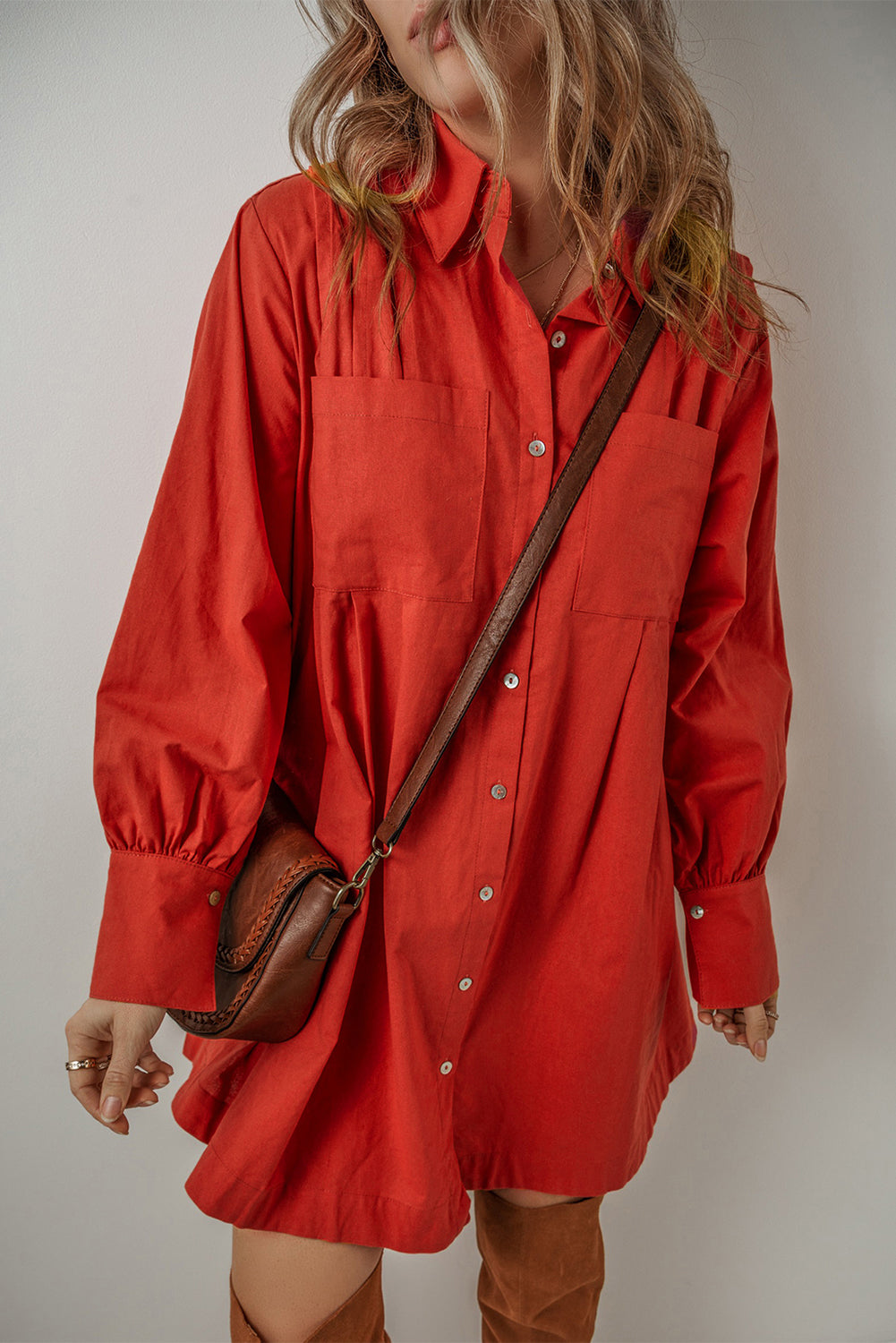 Tomato Red Bishop Sleeve Button Up Pleated Mini Shirt Dress eAura