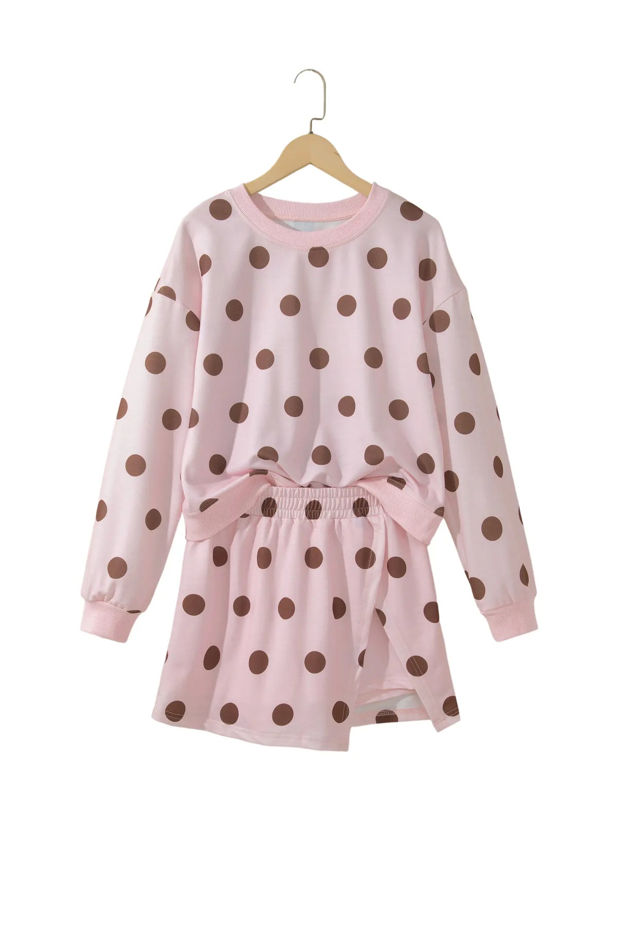 Polka Dot Two Piece Set Long Sleeve Casual Skirt Set – Pink