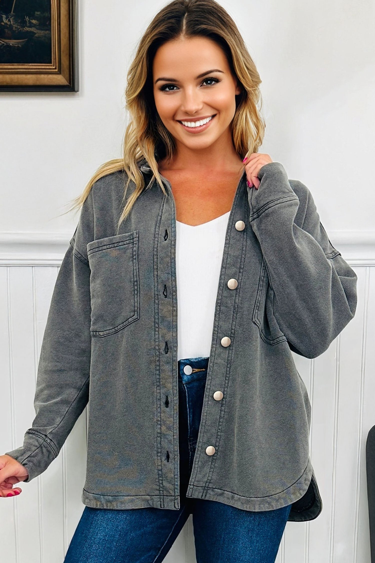 Mineral Wash Chest Pockets Drop Shoulder Shacket with Side Slit - eAura