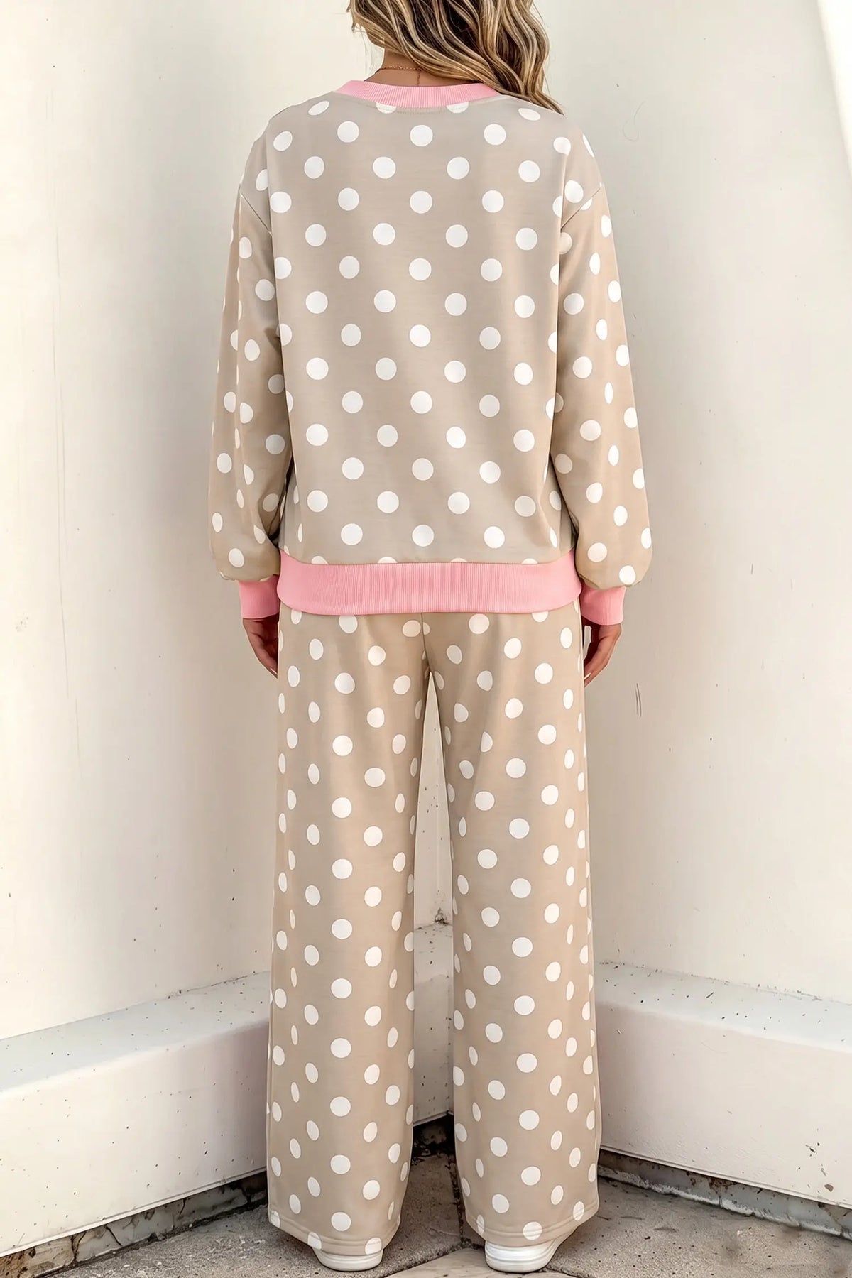 Polka Dot Contrast Trim Long Sleeve Top Drawstring Shift Pants Set – Khaki