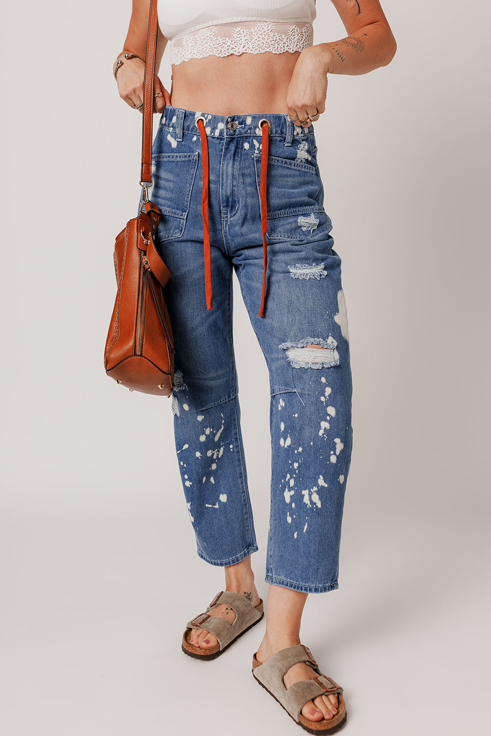 Ashleigh Blue Ripped Splattering Paint Rope Waist Cropped Straight Jeans eAura
