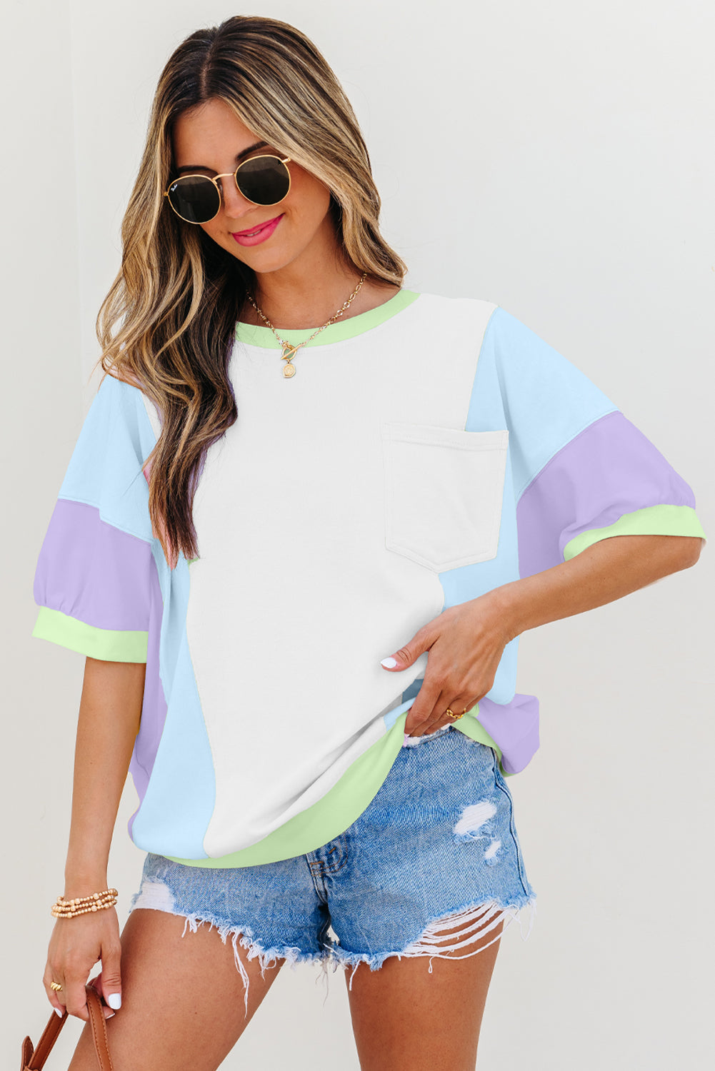 Purple Colour Block Patchwork Half Sleeve Oversized T Shirt eAura