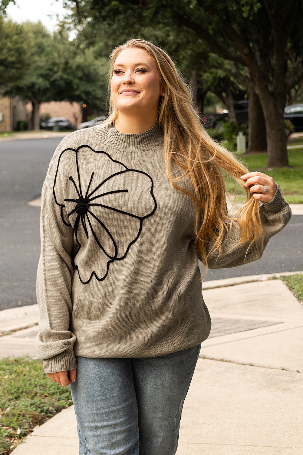 Dark Khaki Plus Size Big Flower Pattern High Neck Drop Shoulder Sweater BB Fashion Outlet