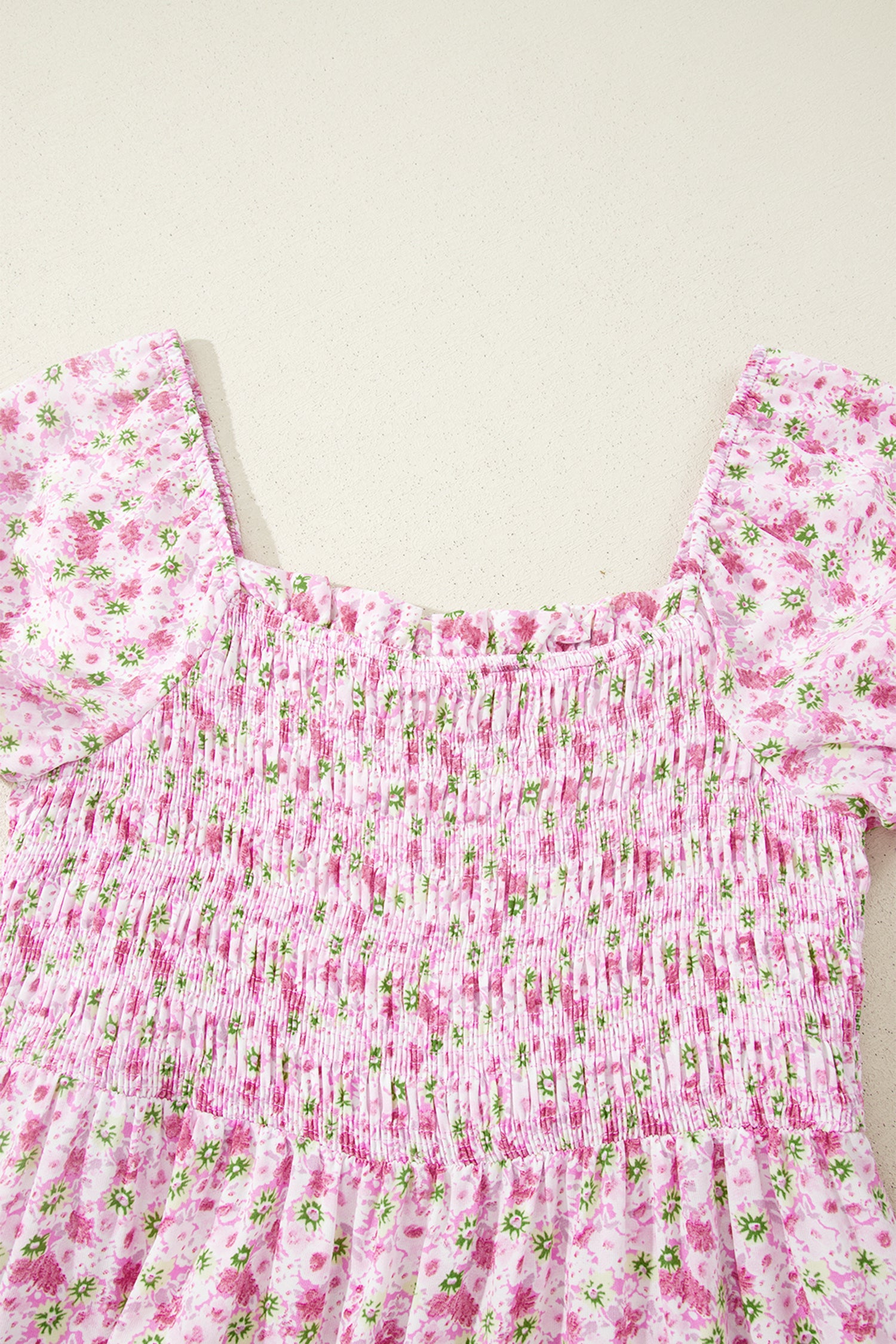 Floral Short Bubble Sleeve Shirred High Waist Maxi Dress – Pink