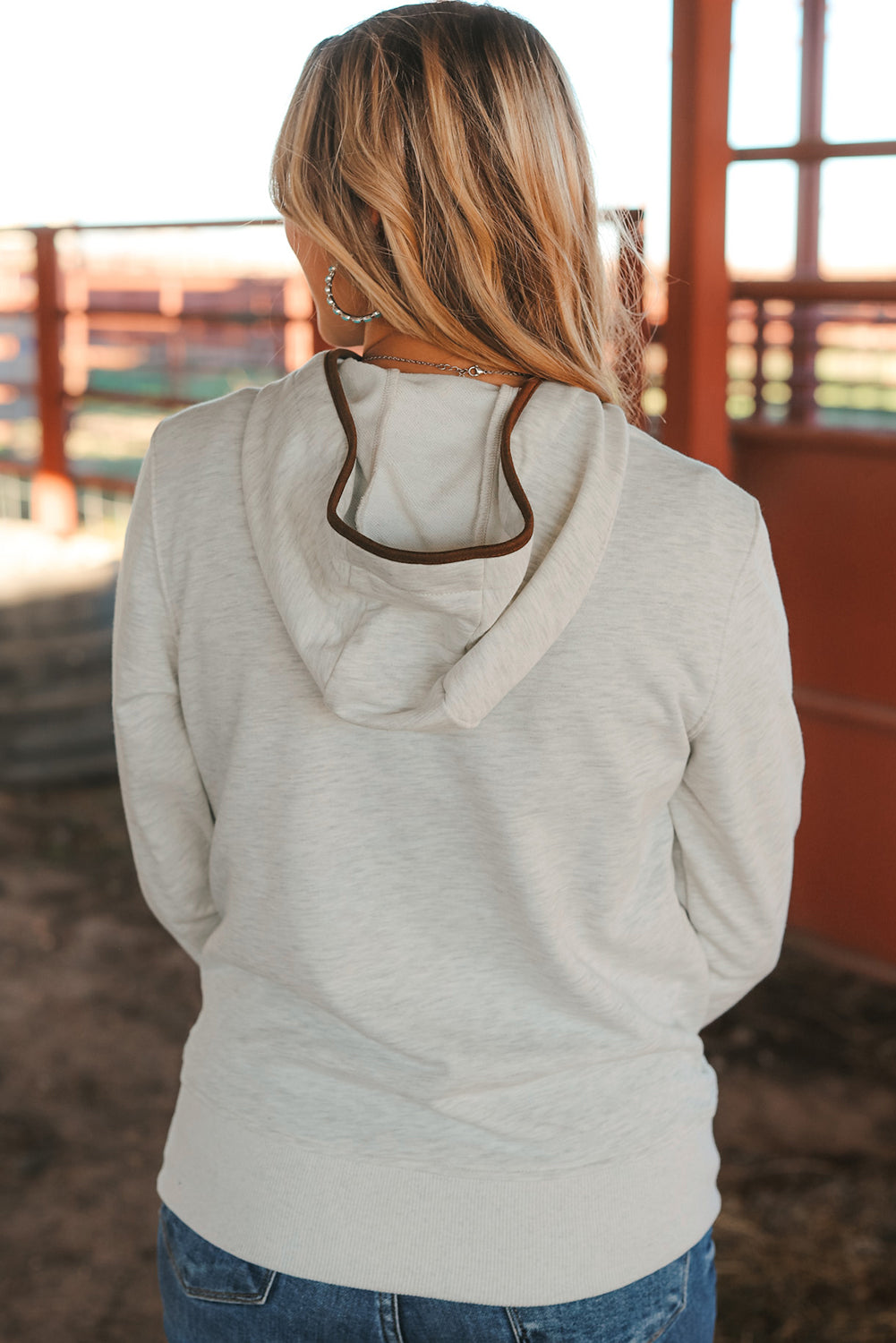 Beige Drawstring Kangaroo Pocket Henley Hoodie eAura
