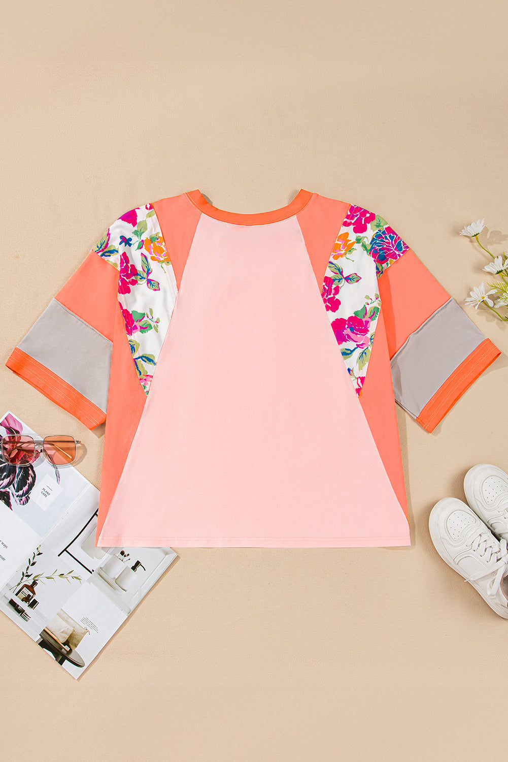 Orange Plus Size Floral Print Patchwork Raglan Half Sleeve Top BB Fashion Outlet