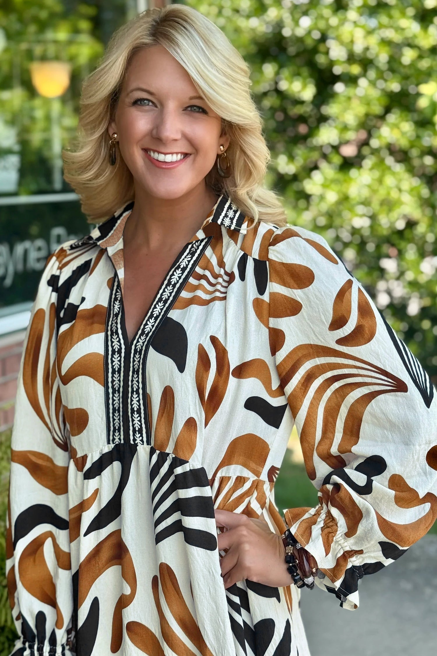 Brown Tropical Printed Contrast Trim Neck Long Sleeve Ruffle Hem Dress - eAura