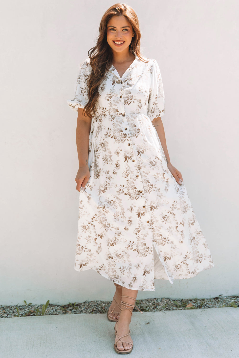 Khaki Floral Puff Sleeve V Neck Buttoned Front Maxi Dress eAura