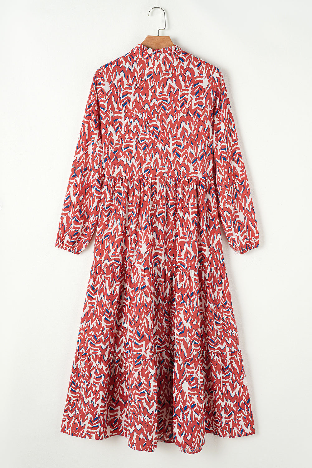 Orange Abstract Print V Neck Pleated High Waist Midi Dress eAura
