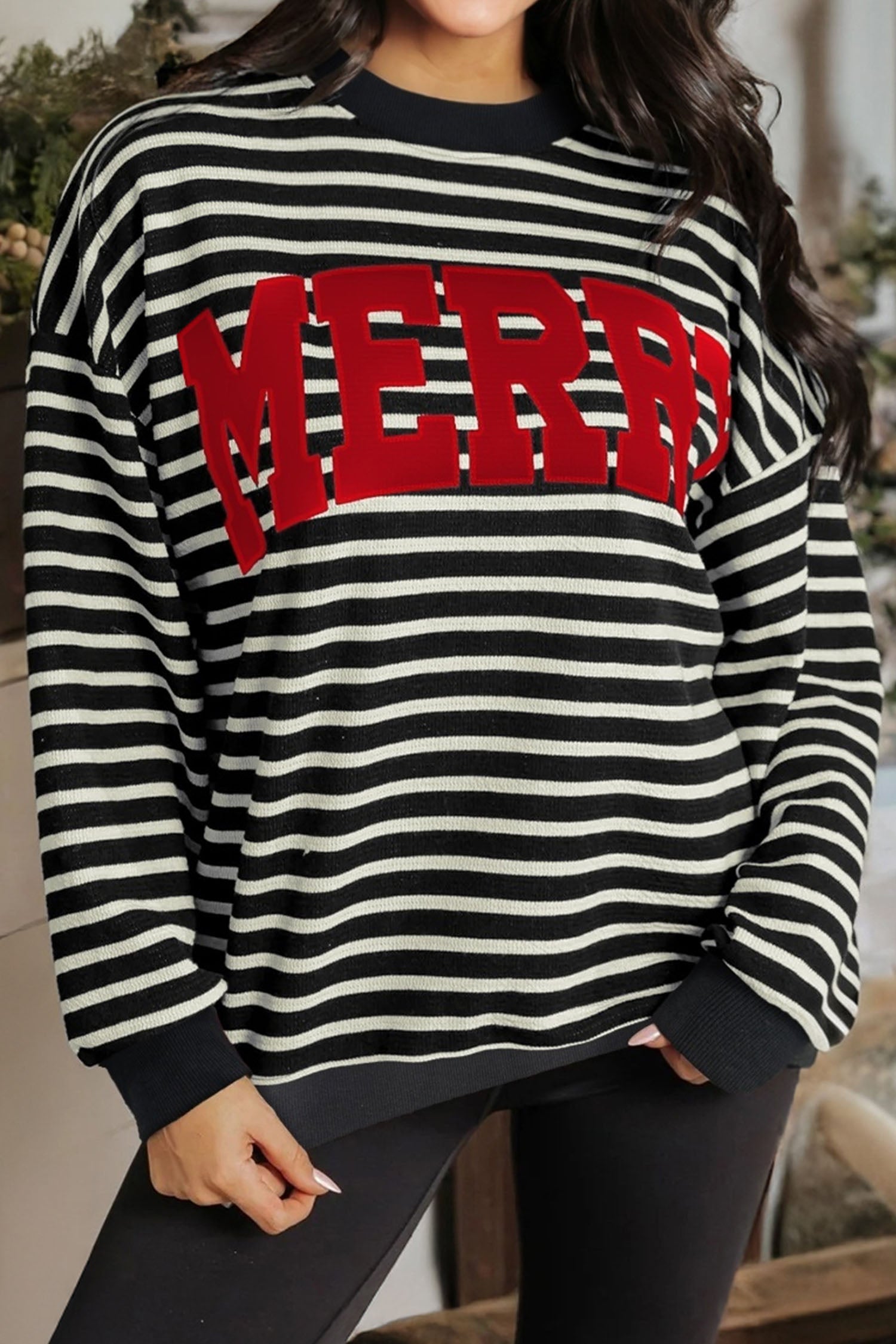 Black Stripe Contrast MERRY Letter Christmas Print Drop Shoulder Sweatshirt - eAura