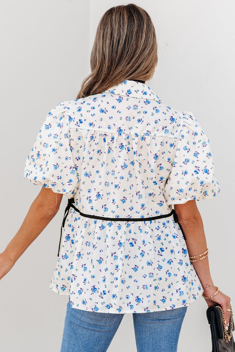 White Contrast Trim Floral Puff Short Sleeve Shirt BB Fashion Outlet