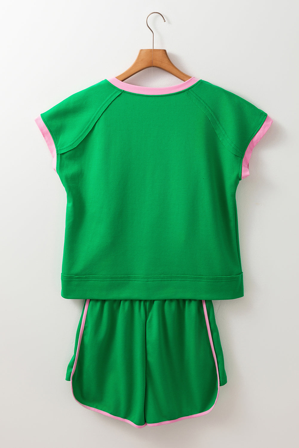 Bright Green Two Tone Contrast Textured Crewneck Tee and Shorts Set eAura
