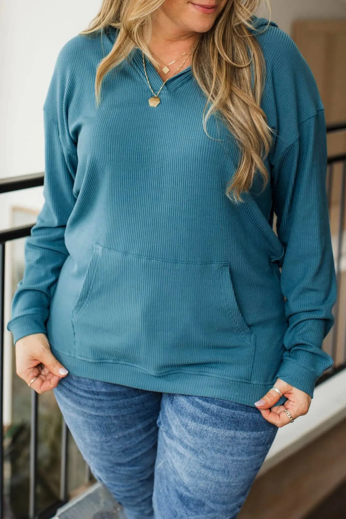 Ribbed Drop Shoulder Long Sleeve Plus Size Blouse – Lapis