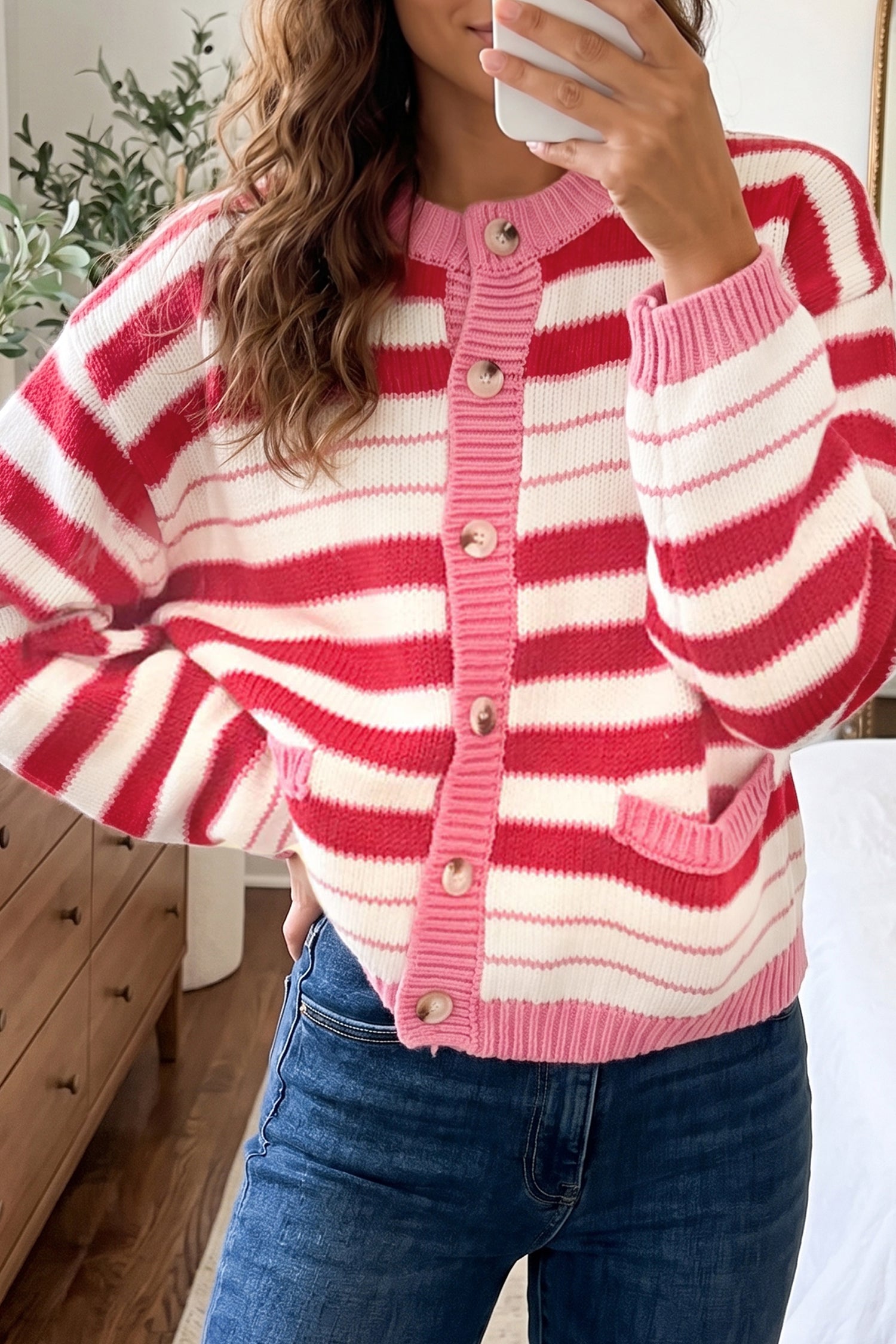 V Neck Long Sleeve Regular Fit Cardigan – Red Stripe