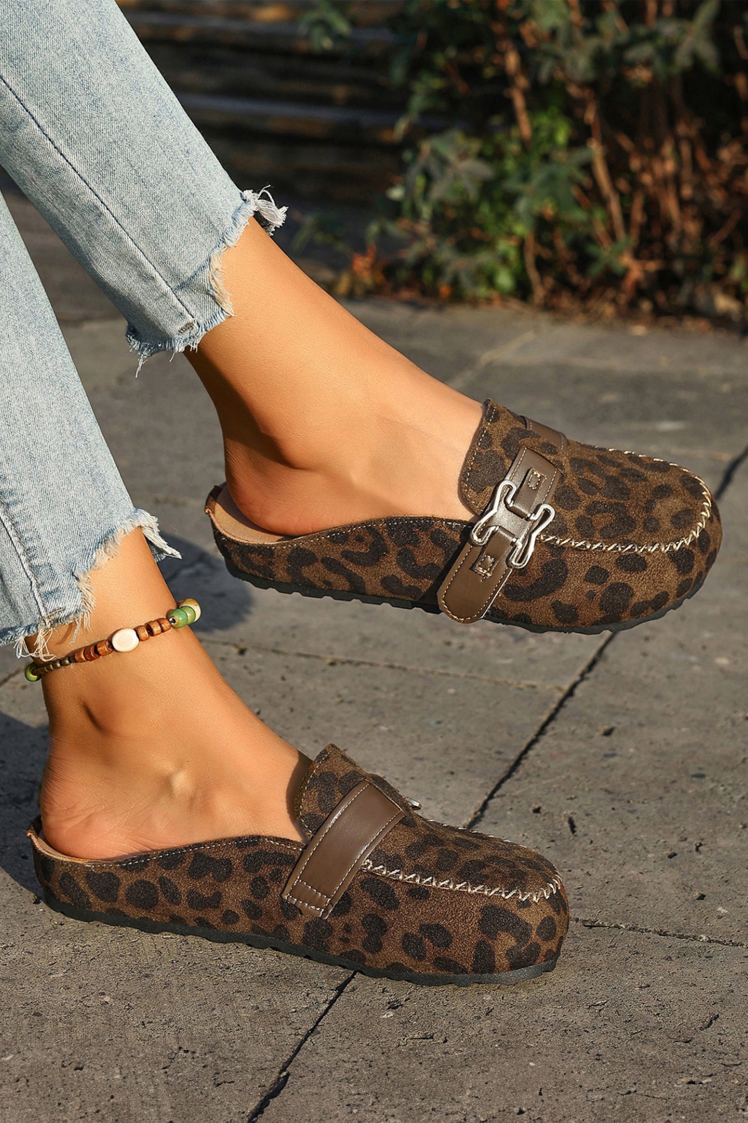 Coffee Faux Suede Buckle Strap Mule Sandals