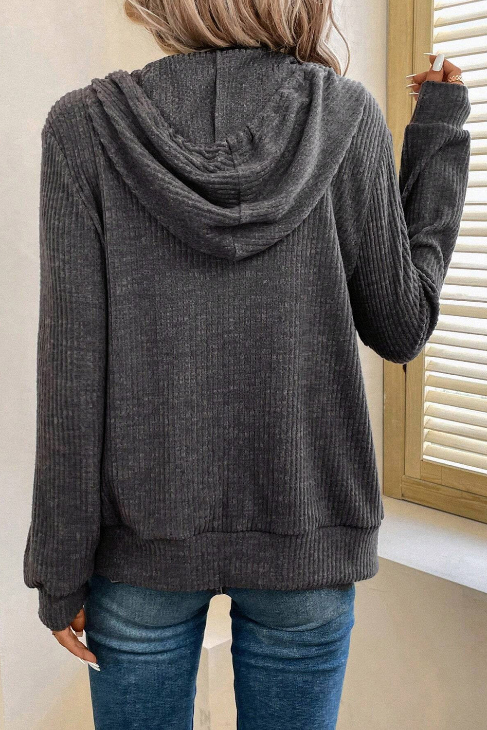 Dark Grey Ribbed Zip Up Front Drawstring Hoodie Beagle Boutique Fashion Outlet