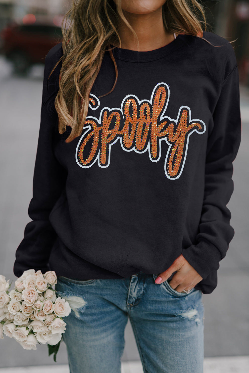 Spooky Rhinestone Drop Shoulder Graphic Sweatshirt – Black