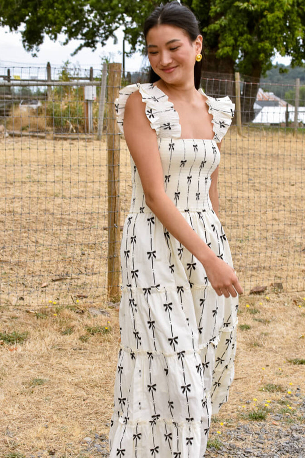 Black Bow Print Smocked Square Neck Ruffle Tiered Maxi Dress eAura