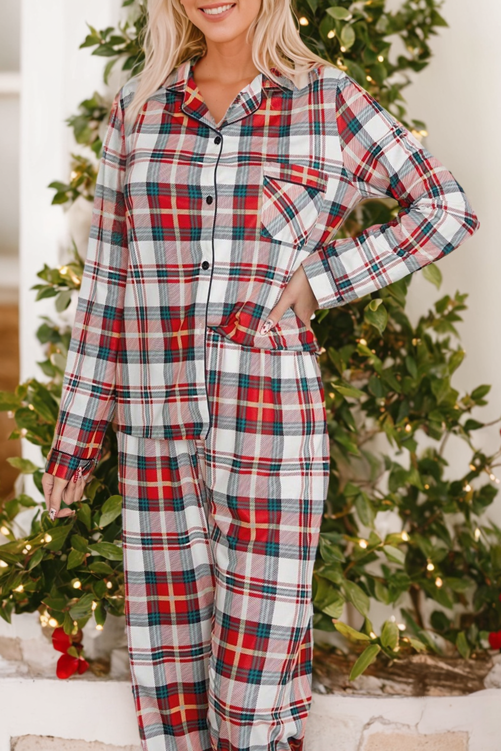 Red Christmas Plaid Print Two Piece Long-Sleeve Pyjama Set eAura