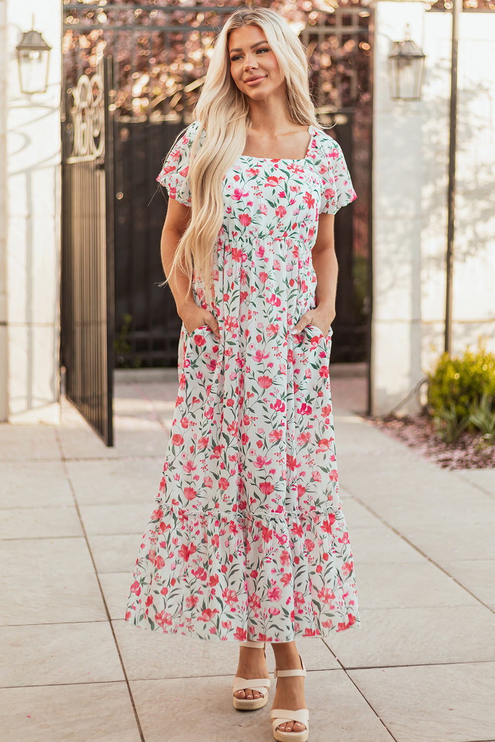 Pink Floral Puff Sleeve Square Neck Empire Waist Tiered Maxi Dress eAura