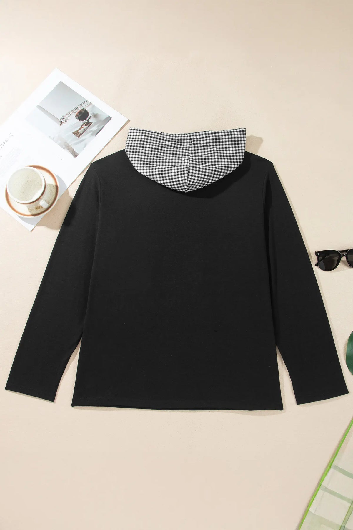 Hooded Gingham Paneling Chest Patch Pocket Long Sleeve Plus Size Blouse – Black