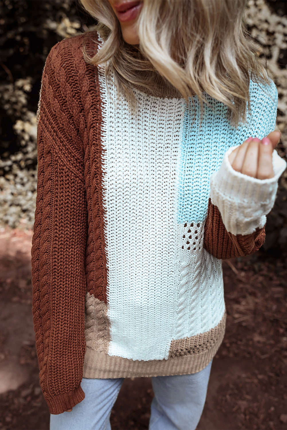 Khaki Mix Textured Knit Colourblock Patchwork Sweater eAura