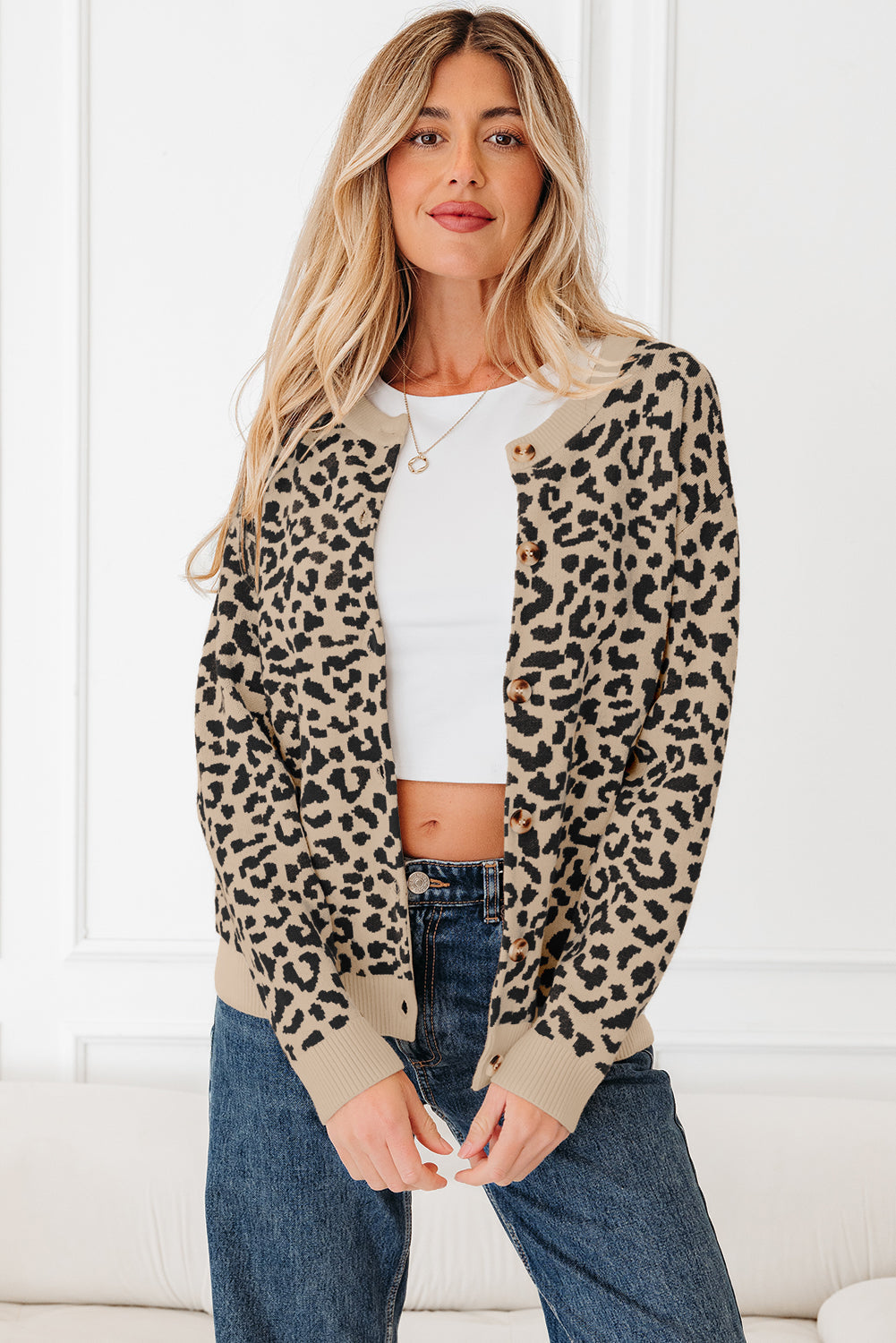 Leopard Print Drop Shoulder Chunky Knit Cardigan - eAura