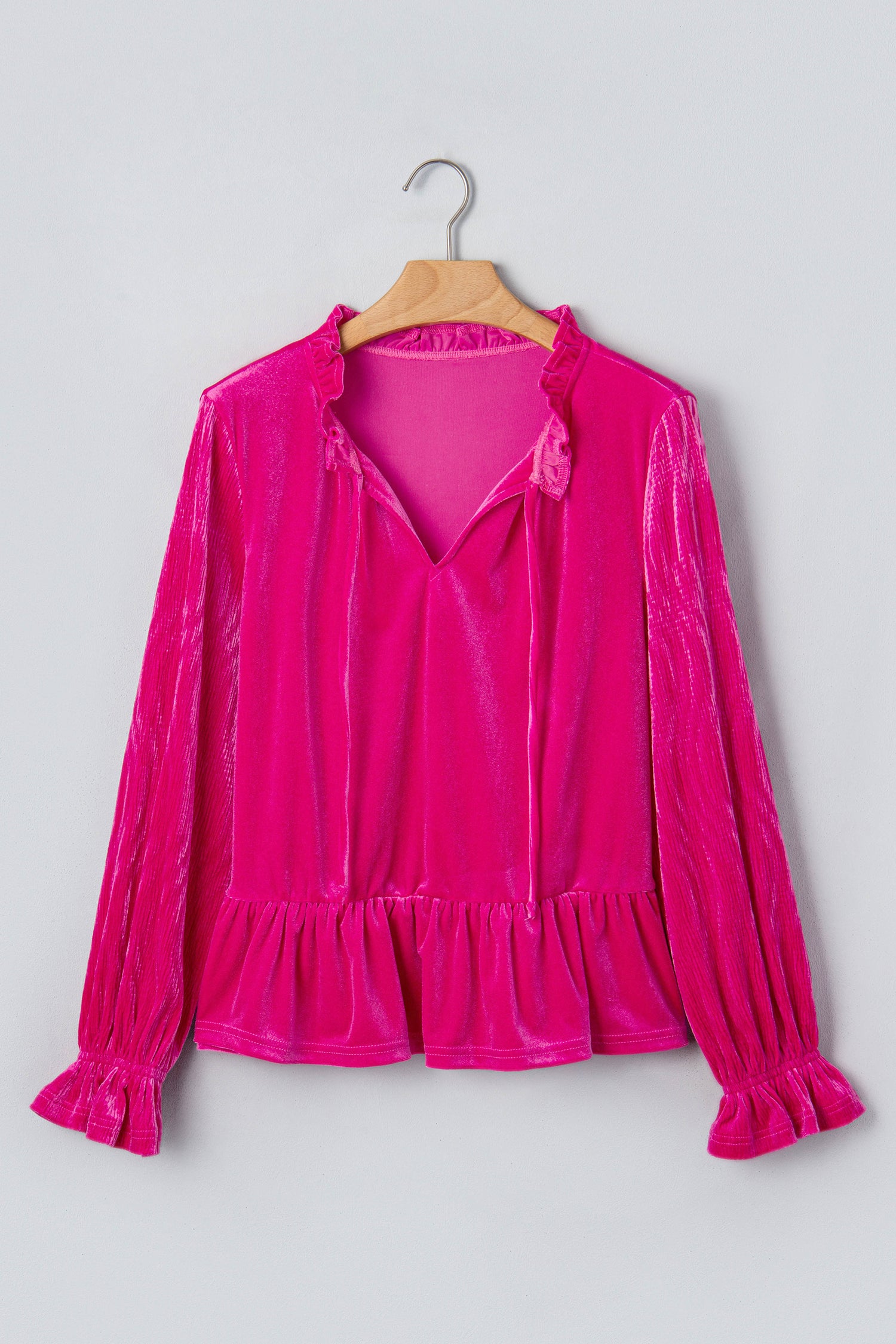 V Neck Velvet Ruffled Cuffs Hem Long Sleeve Top – Strawberry Pink