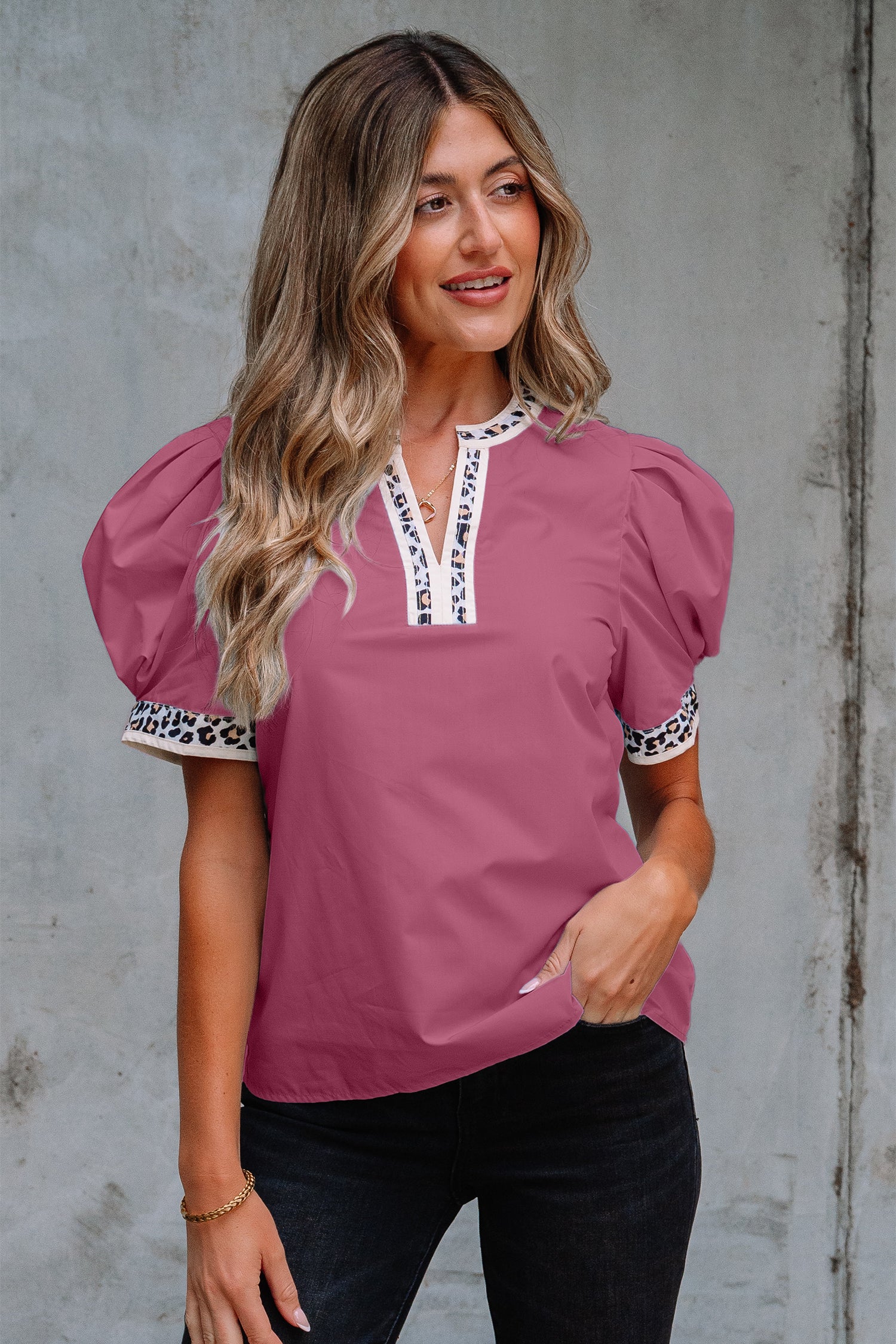 Contrast Leopard Trim Split Neck Puff Sleeve Blouse