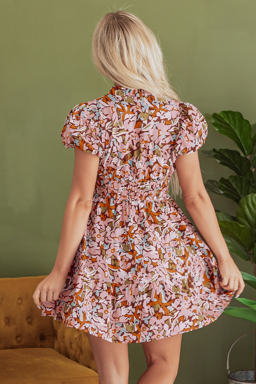 Pink Floral Print Puff Sleeve Shirred High Waist Mini Dress eAura