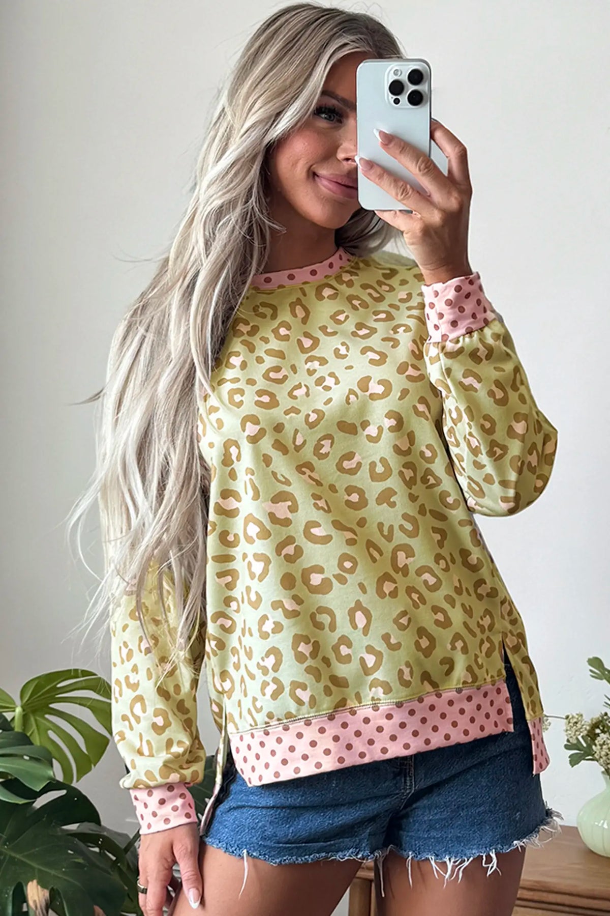 Leopard Polka Dot Colourblock Trim Long Sleeve Top – Khaki