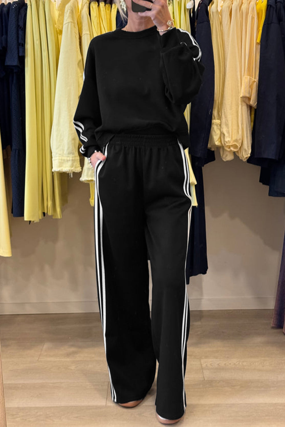 Varsity Striped Detail Crewneck Pullover Elastic Sweatpants 2pcs Co-ord eAura