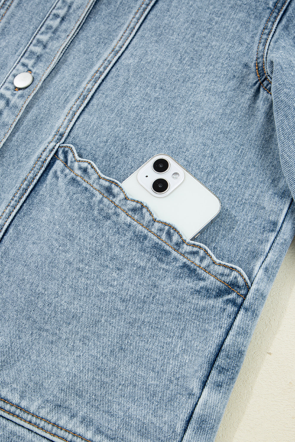 Scallop Trim Collar Patched Pocket Button Up Denim Jacket eAura