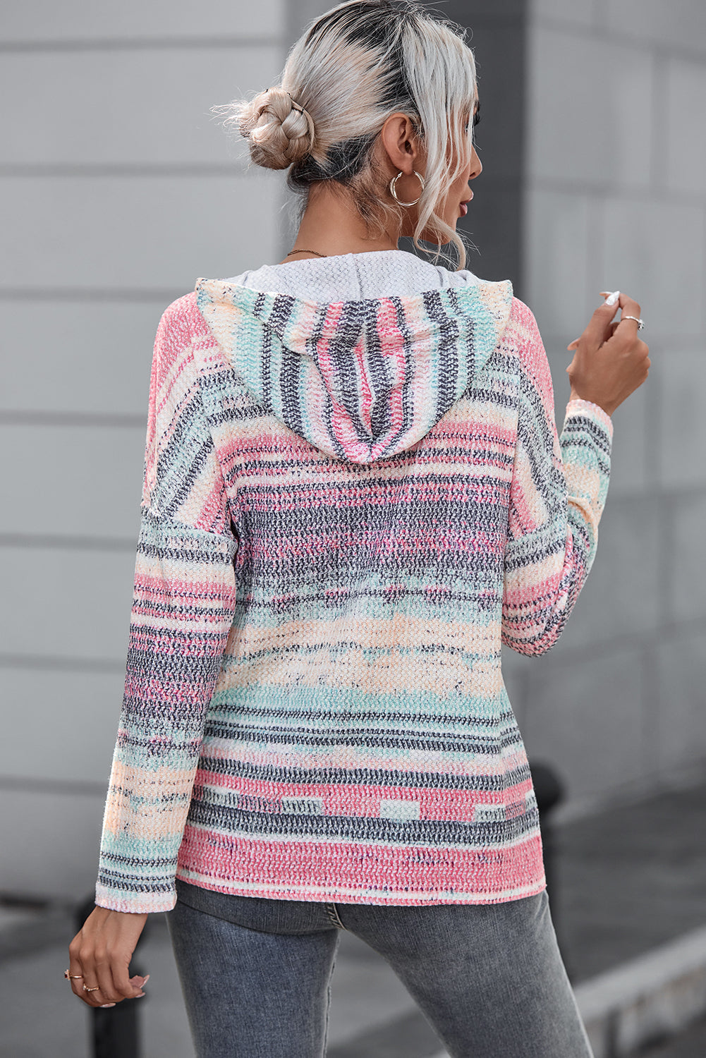 MultiColour Striped Print Cable Knit Drop Shoulder Hoodie eAura