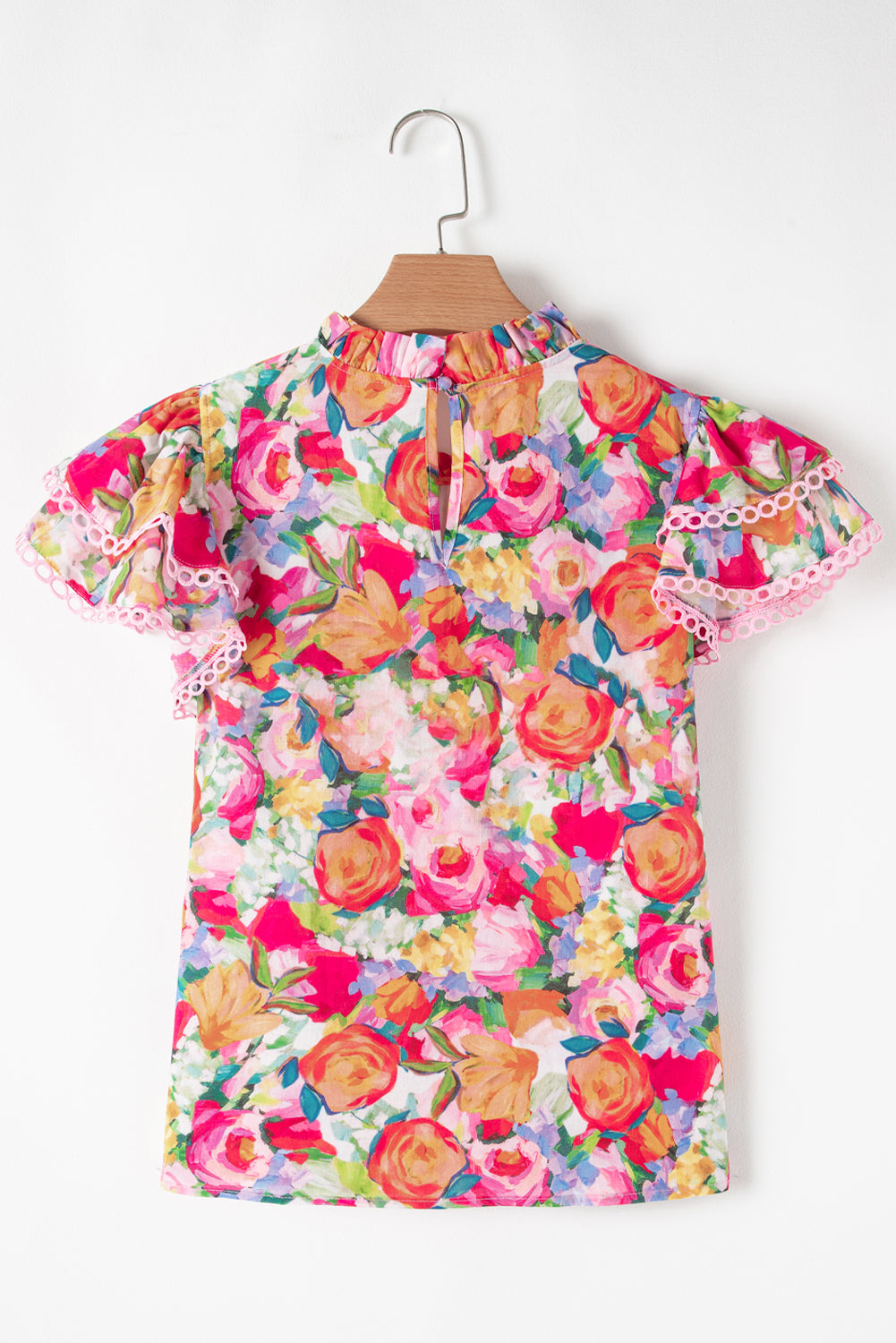 Multicolour Lace Trim Ruffle Short Sleeve Floral Blouse eAura