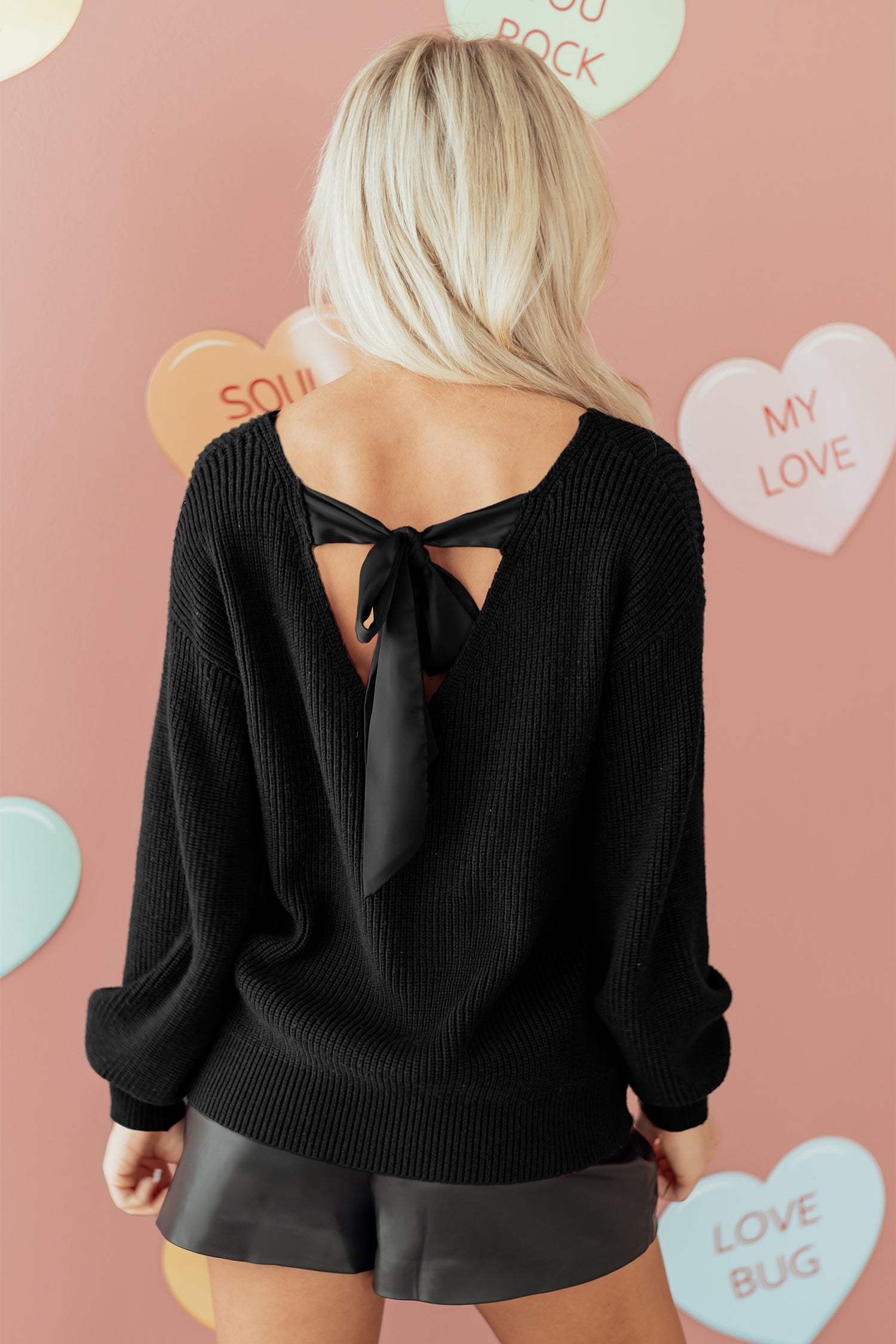 Rib Knit Ribbon Knot Backless Drop Shoulder Sweater - eAura