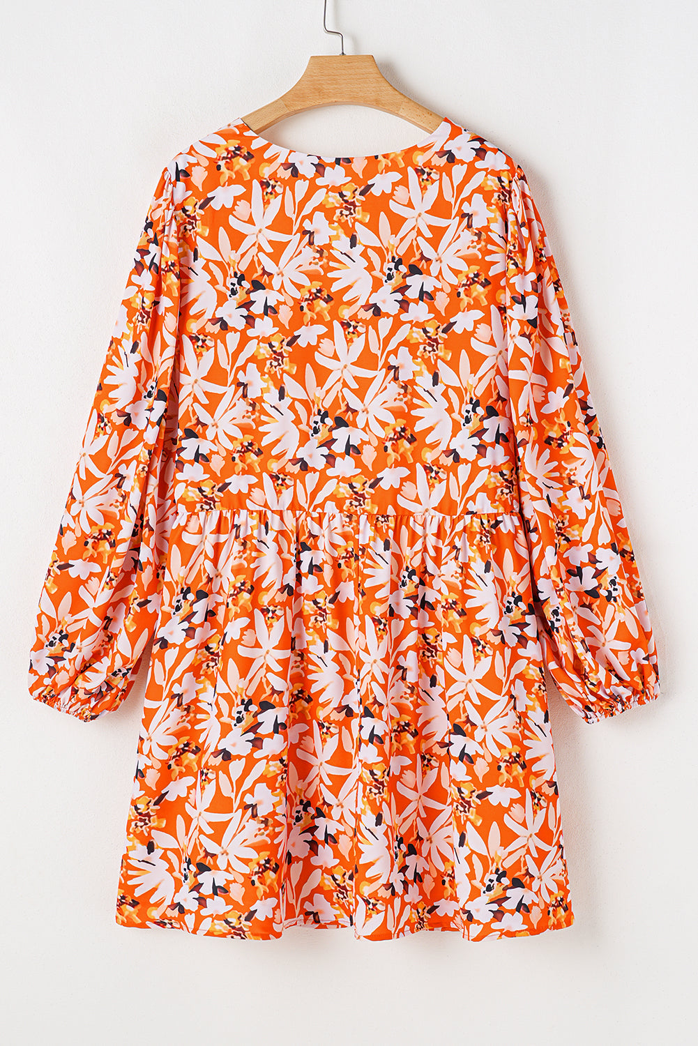 Orange Floral Print Split V Neck Bubble Sleeve Plus Size Midi Dress BB Fashion Outlet