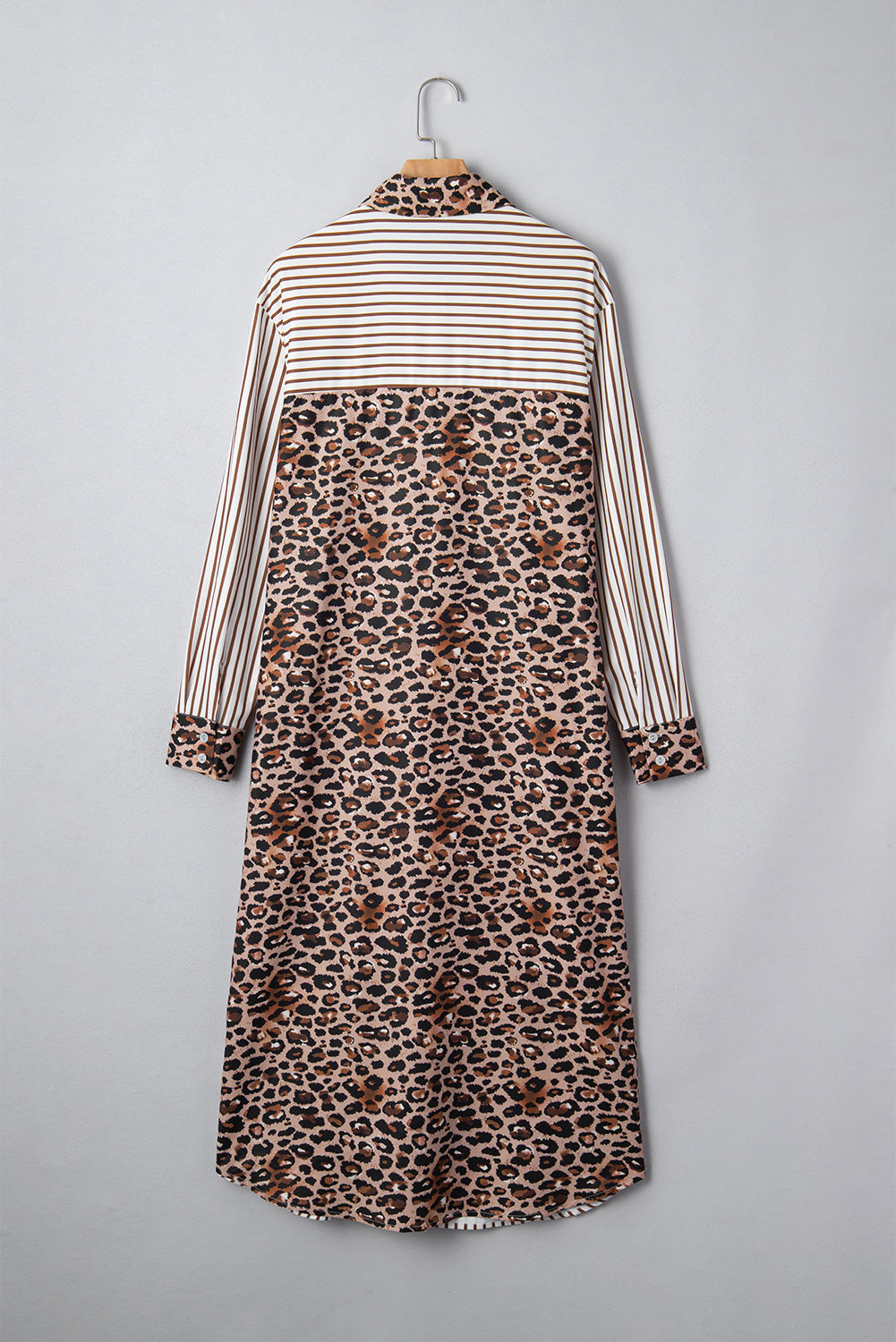 Stripe Contrast Leopard Patchwork Long Shirt Dress with Slits - eAura