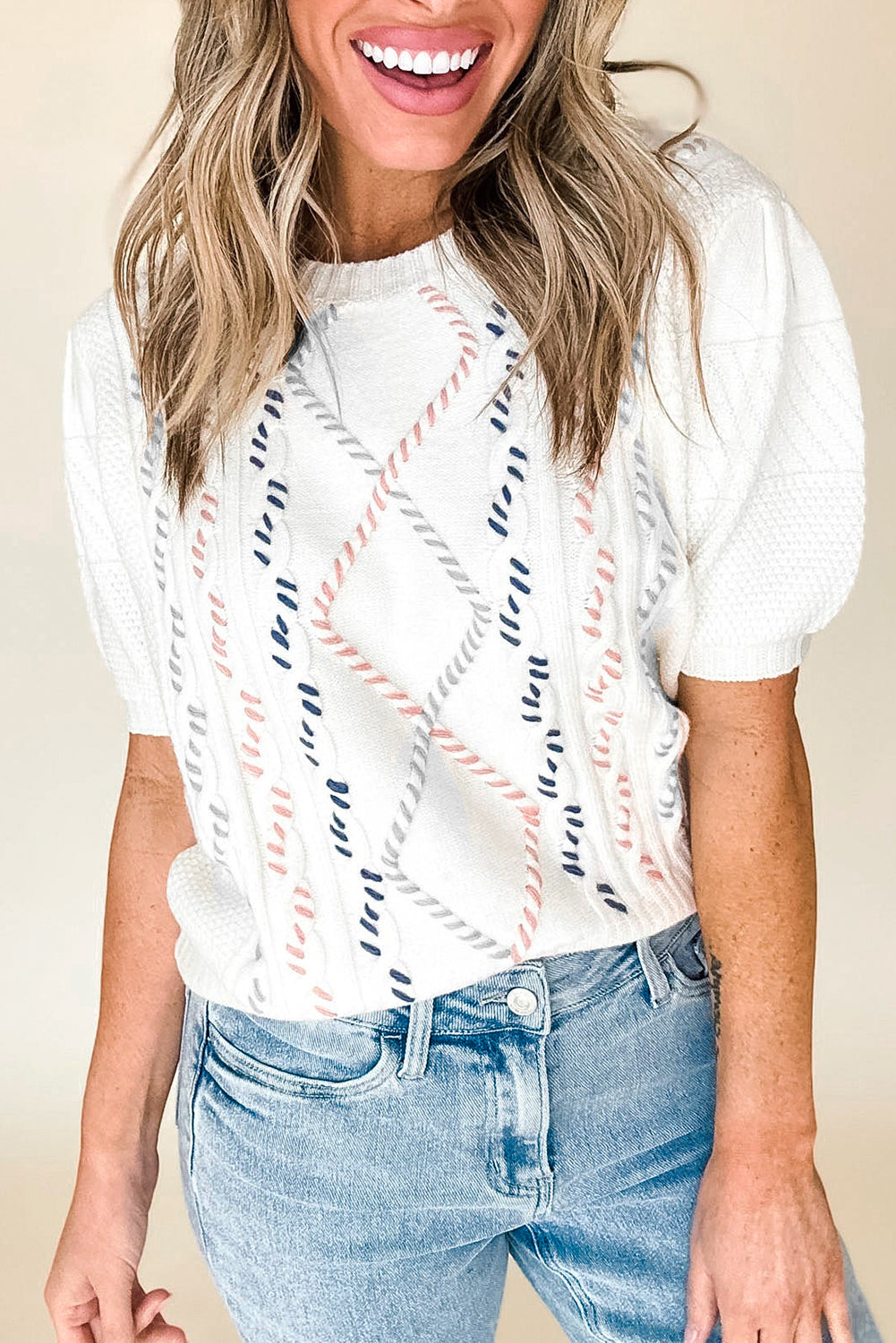 White MultiColour Stitch Detail Cable Knit Short Sleeve Sweater eAura