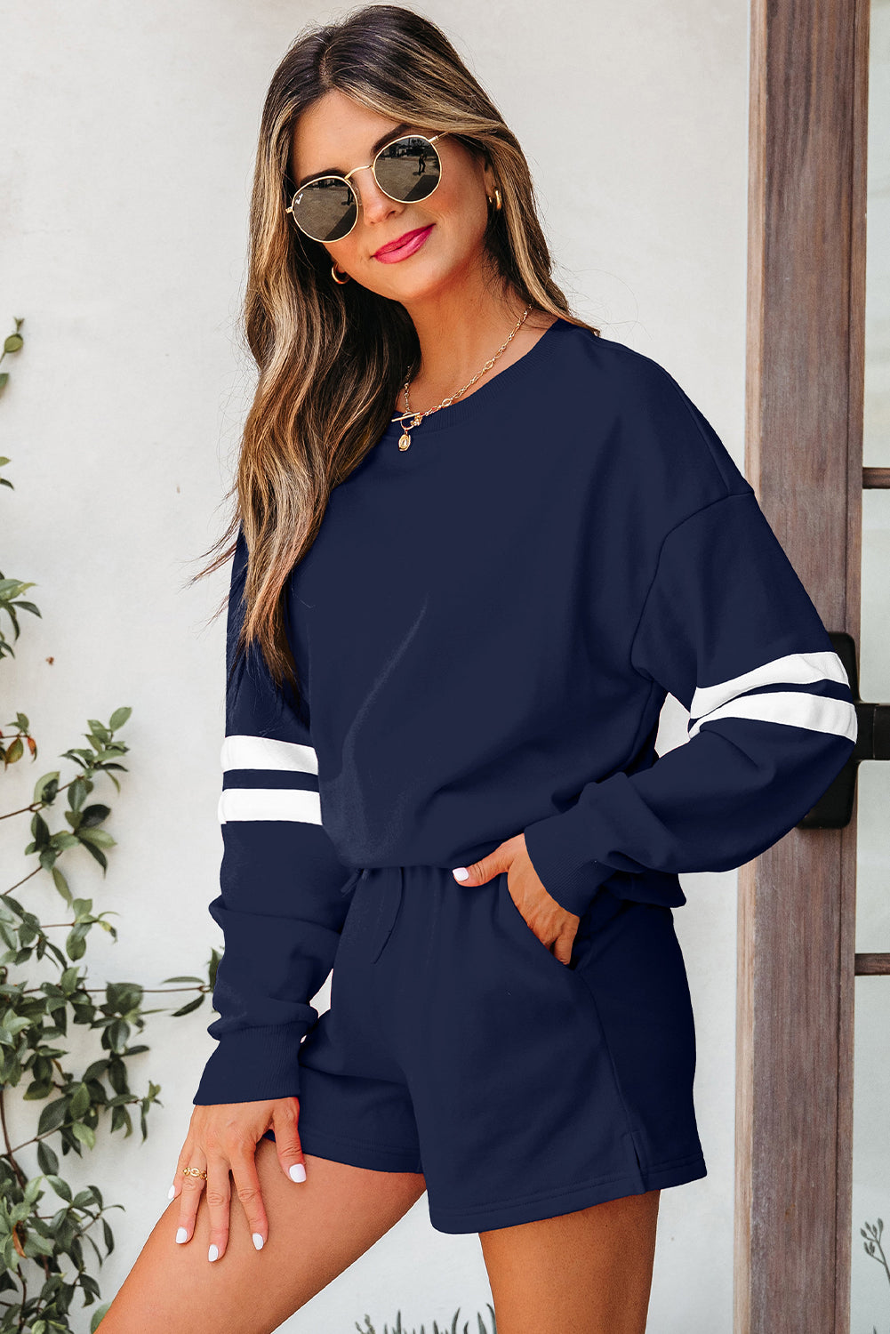 Varsity Striped Sleeve Drop Shoulder Sweatshirt and Shorts Co-ord Set eAura