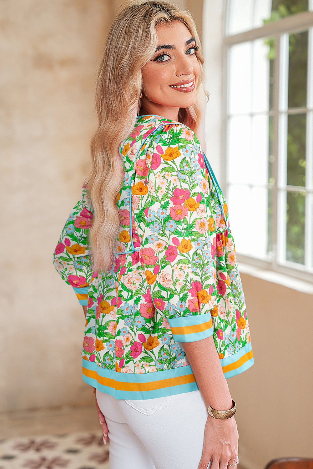 Floral Print Striped Trim Tie Neck Puff Sleeve Babydoll Blouse - eAura