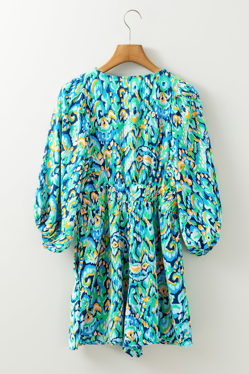 Green Abstract Print Puff Sleeve V Neck High Waist Romper eAura