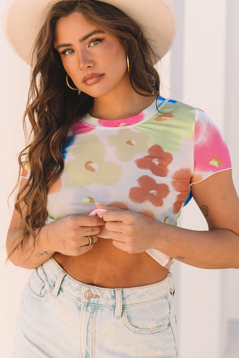 Multicolour Floral Mesh Lettuce Trim Cropped T Shirt eAura