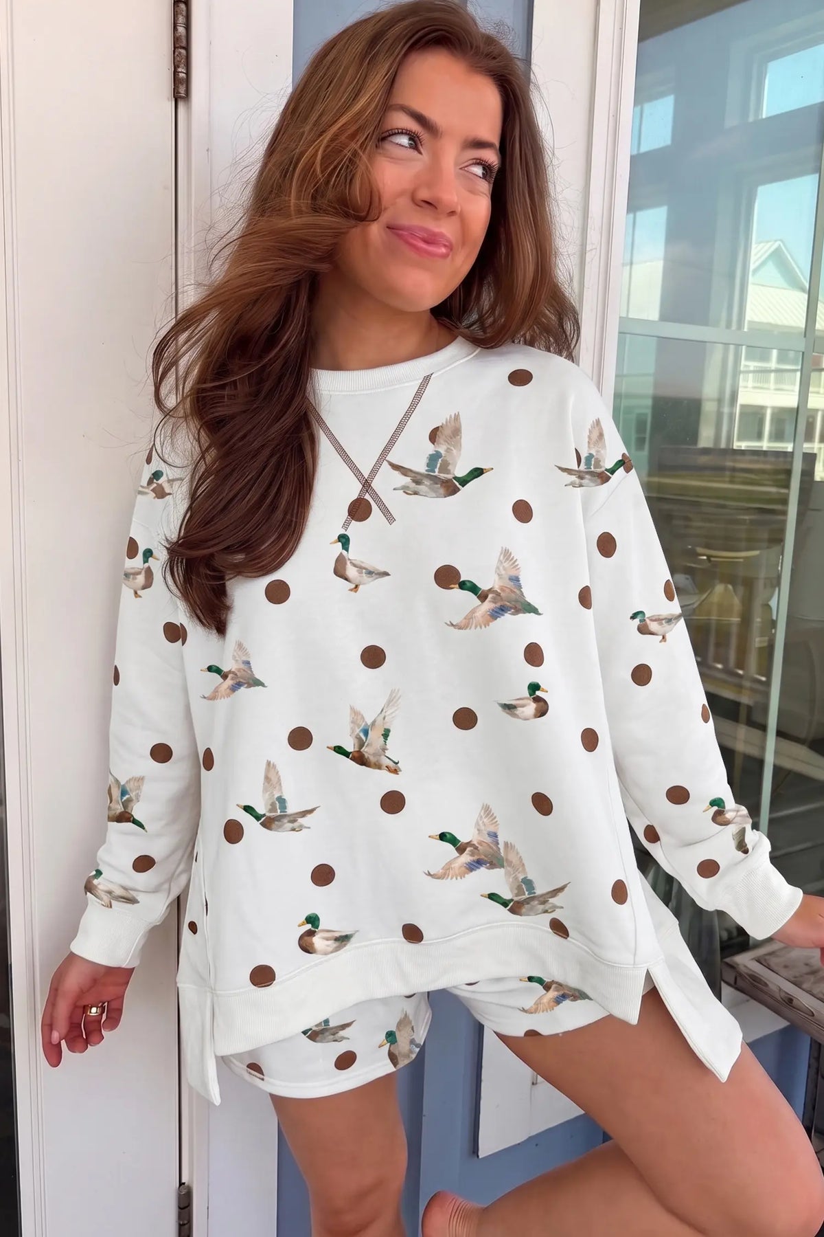 Co-ord short set oversized pullover and shorts - polka dot mallard print